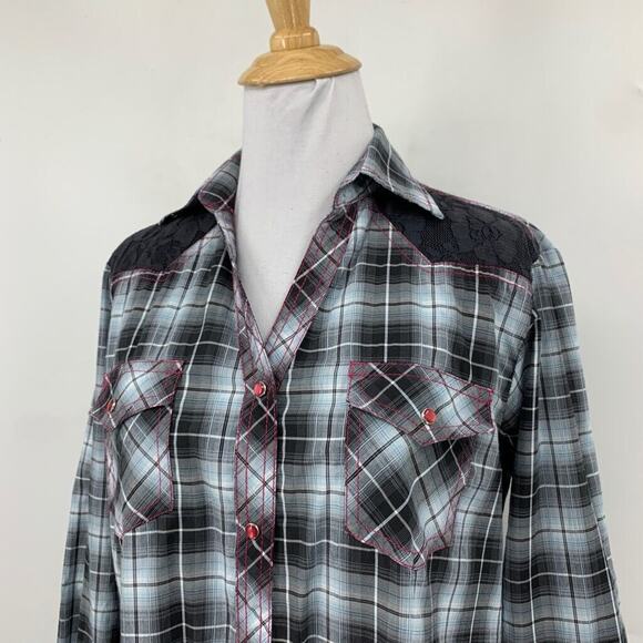 Cowgirl Legend Shirt Women L Large Gray Pink Lace Panel Plaid Pearl Snap Western - Picture 3 of 12